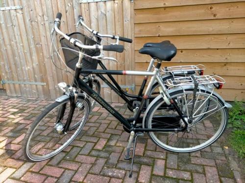 ein schwarzes Fahrrad neben einem Zaun geparkt in der Unterkunft Sterrenzicht BB Weidszicht in Doezum