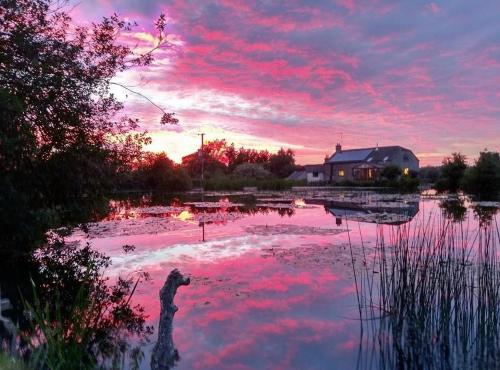 zachód słońca nad stawem z różowymi chmurami na niebie w obiekcie Astwell Mill w mieście Helmdon