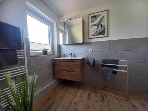 a bathroom with a sink and a mirror at Johannsen-Huis-Appartement-Dena in Tinnum