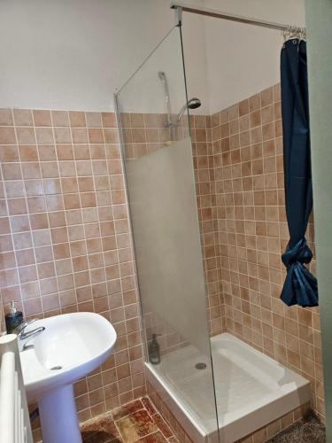 une salle de bain avec une douche, un lavabo et des toilettes dans l'établissement Chambre parentale avec séjour, à Rapale