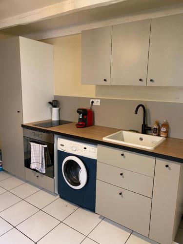une cuisine avec une machine à laver et un évier dans l'établissement Petite maison centre ville, à Coulommiers