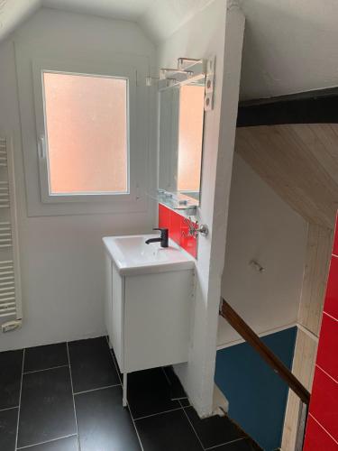 une salle de bain avec un lavabo et un miroir dans l'établissement Petite maison centre ville, à Coulommiers