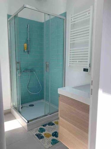 une salle de bain avec douche en verre dans l'établissement Lacanau Océan, grand logement, grandes terrasses, pinède, à Lacanau-Océan