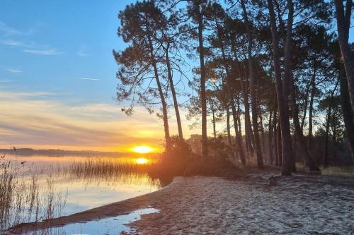 un coucher de soleil sur une étendue d'eau plantée d'arbres dans l'établissement Bel Appartement au calme avec Rez-de-jardin, à Biscarrosse