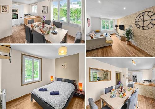 un collage de photos d'une chambre et d'un salon dans l'établissement L'Escale Caennaise, à Caen