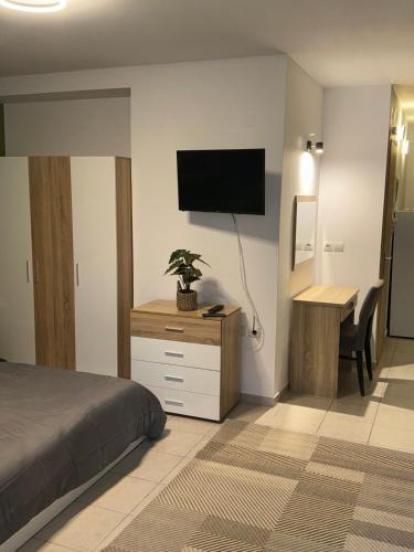 a bedroom with a bed and a desk with a television at Ifigeleni studios in Ária