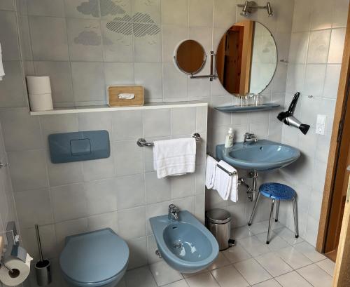 a bathroom with a blue toilet and a sink at Alpenhof Wallgau in Wallgau