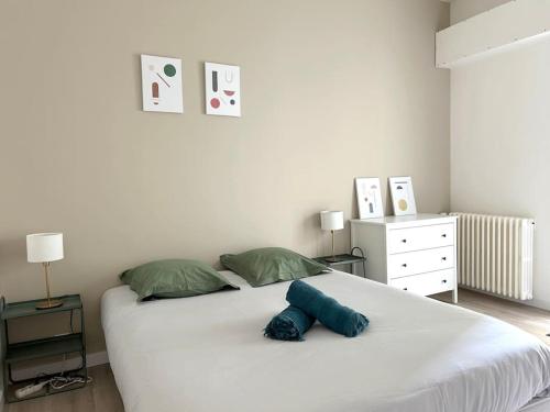 une chambre avec un grand lit blanc avec deux oreillers dans l'établissement Bassin à flot, appartement lumineux et central, à Lorient