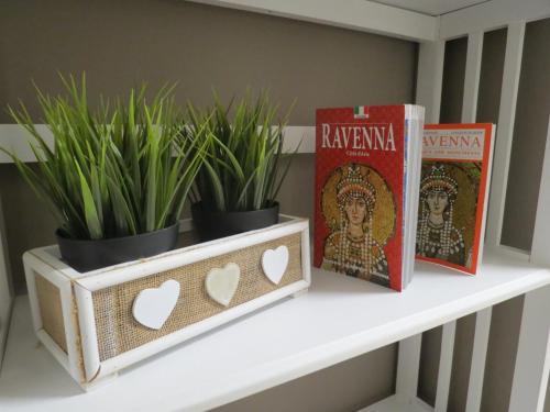 a shelf with two books and potted plants on it at Artisti Rooms in Ravenna