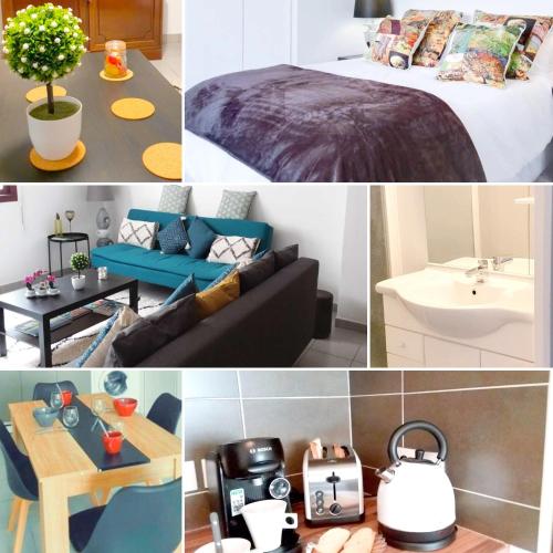 un collage de différentes images d'une pièce dans l'établissement Séjour Perpignan avec petit-déjeuner à la demande à 20 minutes de l'Espagne à La Douceur catalane, à Perpignan