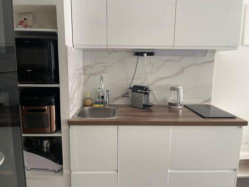 un comptoir de cuisine avec un évier et un micro-ondes dans l'établissement Appartement à 3mn de la Promenade Des Anglais, à Nice