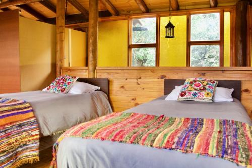 2 Betten in einem Zimmer mit gelben Wänden und Fenstern in der Unterkunft Loft de montaña Los Guayacanes in San José de Maipo