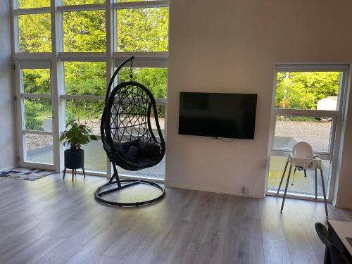 sala de estar con TV y silla negra en Emda Country living close to Legoland en Billund