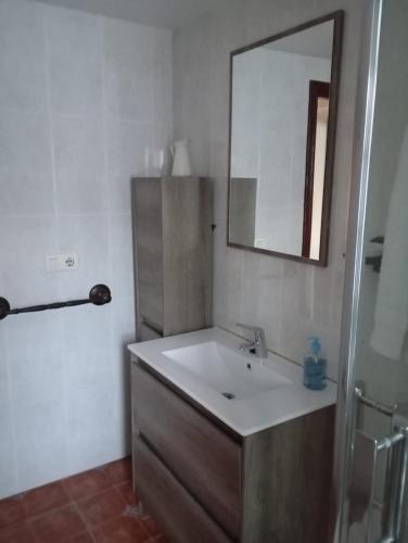 a bathroom with a sink and a mirror at Casa de aldea La Caramba in Lamuño