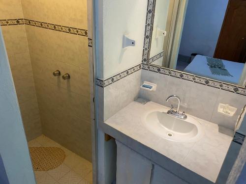 a bathroom with a sink and a shower with a mirror at Hotel Jardín de Cervantes in Guanajuato