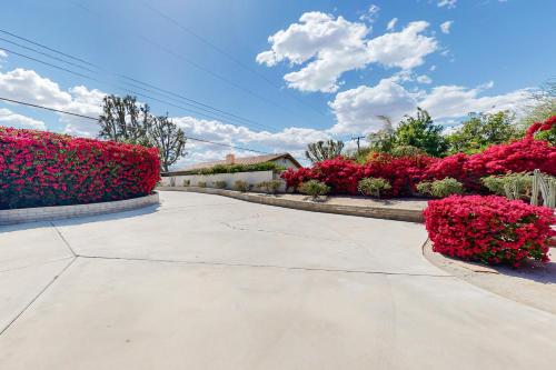 a driveway with red flowers and bushes in a yard at The Dunes in Bermuda Dunes