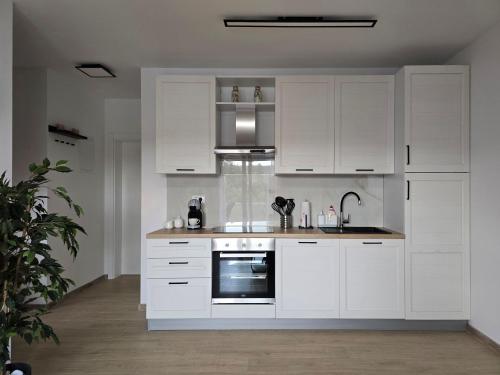 a white kitchen with white cabinets and a sink at House Angelina in Kruševo
