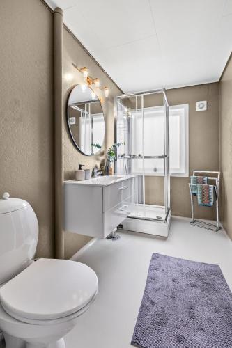 a bathroom with a white toilet and a mirror at Engbu in Vågbø