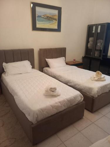 two beds sitting next to each other in a room at Aleko Guest House in Gjirokastër
