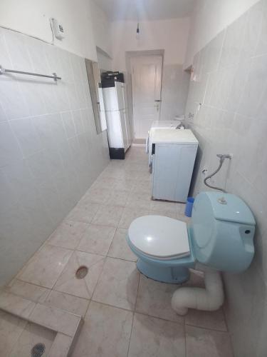 a bathroom with a blue toilet and a sink at Aleko Guest House in Gjirokastër