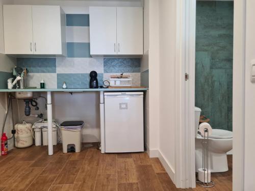 a small kitchen with a sink and a refrigerator at Türkiz Kánaán Apartman in Puerto de Santiago