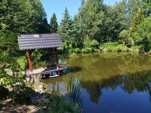 a gazebo sitting on the side of a lake at Przysiółek Jabłonowice in Kierzkowo