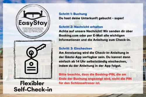 a flyer for the self check in event at EasyStay#4 Home Cinema Ferienwohnung in Kliniknähe mit Balkon, Boxspringbett & Netflix in Bad Oeynhausen
