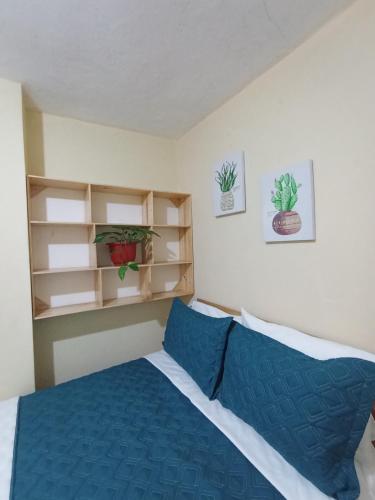 a bedroom with a bed with blue sheets and shelves at Hotel Cuencano Hogar in Cuenca
