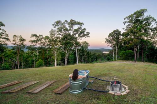 a woman is sitting in a bucket in a field at Lakeview Cottage in Mooloolah Valley in Mooloolah