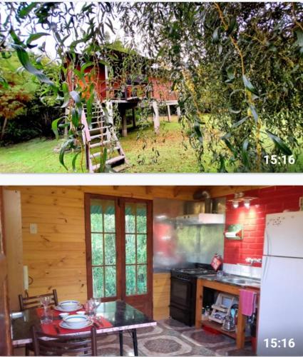 two pictures of a kitchen and a house at Cabaña TIEMPO in Tigre