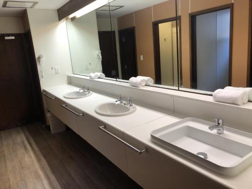 a bathroom with two sinks and a large mirror at Pinewood Lodge in Queenstown
