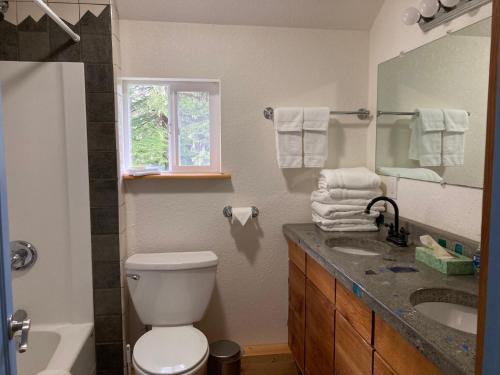 ein Badezimmer mit einem WC, einem Waschbecken und einem Spiegel in der Unterkunft Beach Roadhouse in Haines