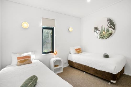 two beds in a room with white walls at Aireys Inlet Getaway in Aireys Inlet