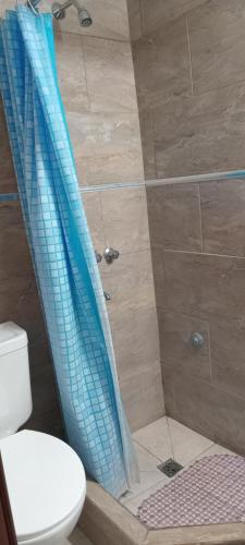 y baño con ducha con cortina azul. en EDIFICIO NOVOMAR 4 Piso en Mar de Ajó