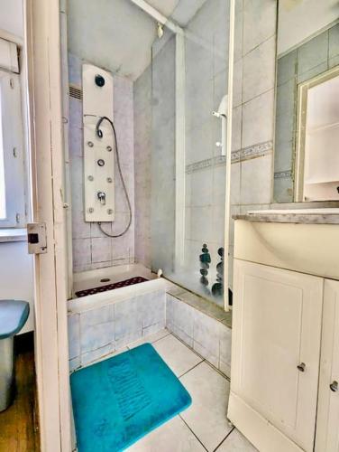 La salle de bains est pourvue d'une douche et d'un tapis bleu. dans l'établissement Grand Studio - Proche Hyper centre - Calme & Tout Equipé, à Grenoble
