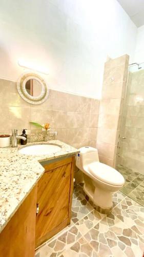 a bathroom with a toilet and a sink and a mirror at Azul Vista Drake Bay-AC-Full Kitchen in Drake