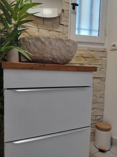 - un comptoir de cuisine avec un bol au-dessus dans l'établissement Maisonnette de vacances, au Barcarès