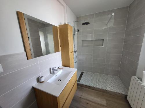 une salle de bain avec un lavabo et une douche dans l'établissement Appartement 2 chambres avec terrasse et garage privatif proche plage - FR-1-92-940, à Les Sables-dʼOlonne