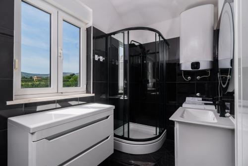 a black and white bathroom with a shower and a sink at Family harmony in Plano