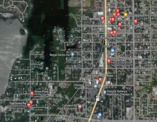 a close up of a map with red dots at Beaches, Parks, Downtown, Trail, Breweries, Bikes, Gameroom in Palm Harbor