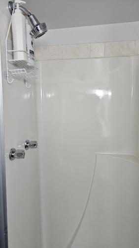een badkamer met een douche met een douchekop bij Bright and Cozy Room with Free Parking in Edmonton