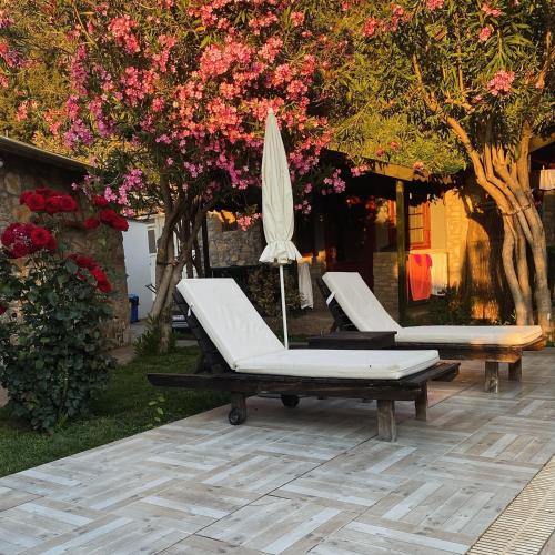 two lounge chairs and an umbrella on a patio with flowers at Montenegro Motel in Faralya