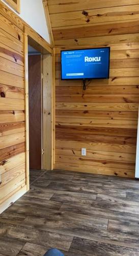 a room with a television on a wooden wall at Charming 1 BR Compact Cabin in Marion