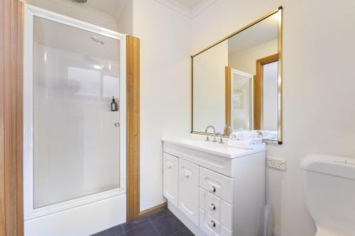 W białej łazience znajduje się umywalka i lustro. w obiekcie Freycinet Sanctuary 4 w mieście Coles Bay
