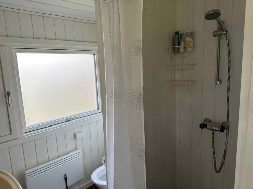uma casa de banho com um chuveiro, um WC e uma janela. em Beautiful Located Holiday Home In The First Row To The Beach em Haderslev