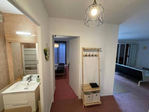 サン・ジュニ・プイイにあるAppartement Cern Geneve Terrasse Station de skiのバスルーム(洗面台、鏡付)、