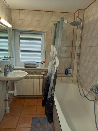La salle de bains est pourvue d'une douche, d'un lavabo et d'une baignoire. dans l'établissement Aido ir Jovitos sodyba Jorunas, à Kernavė