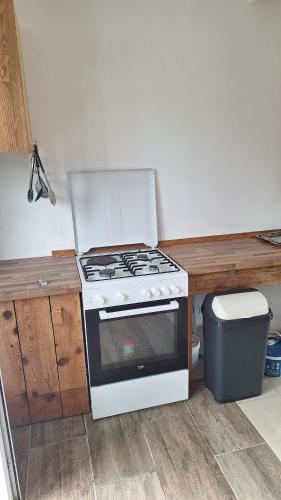 a kitchen with a stove and a trash can at Mill House Apartment and Camping in Ljutomer