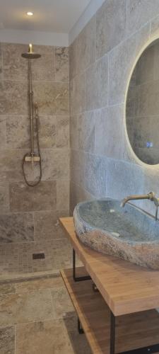 A Casa Vadiiolina - Villa Radriimas d'exception في Sollacaro: حمام مع حوض حجري ودش