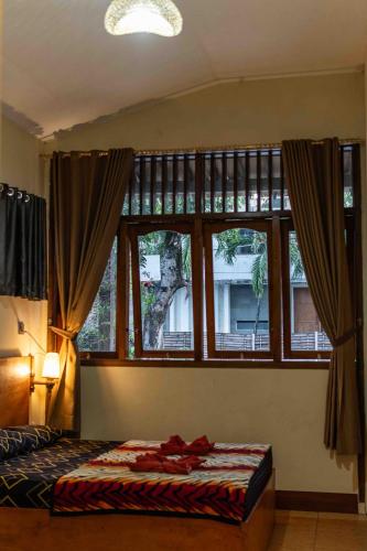 a bedroom with a bed and a large window at Sleepy Raccoon Hostel in Yogyakarta